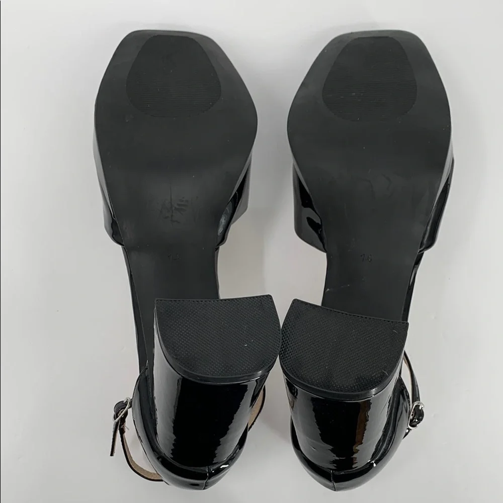 BP D'Orsay black patent pumps ankle strap chunky heel platform shoe Drag 14